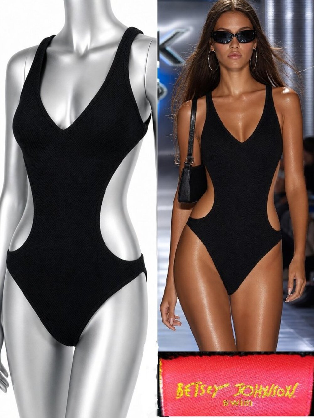 Vintage Betsey Johnson Y2K Black Textured Monokini Bikini One Piece Swimsuit